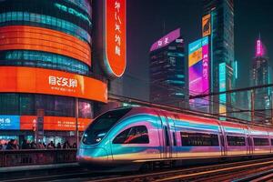 a train is traveling down a track in a city photo