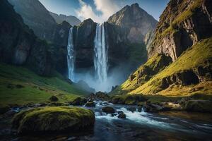 un cascada en el montañas con un azul cielo foto