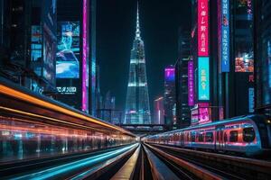 a city street with a train passing by at night photo