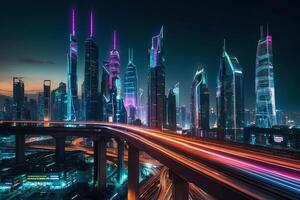 a city street with a train passing by at night photo