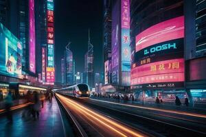 a city street with a train passing by at night photo