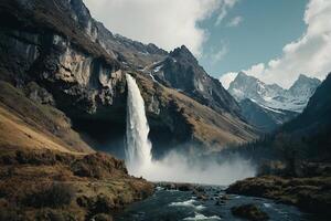 un cascada en el montañas con un azul cielo foto