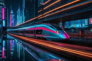 a train is traveling down a track in a city photo