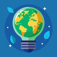 earth globe in light bulb with leaves and stars on blue background photo