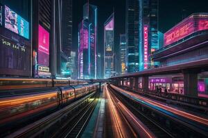 un futurista ciudad con trenes y neón luces foto