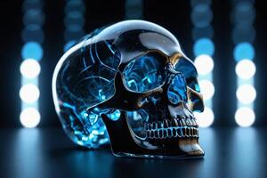 a glass skull with blue lights on it photo