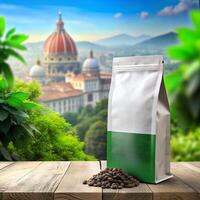coffee beans on a wooden table with a view of the city of florence, it photo