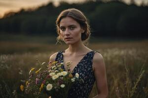 a woman in a floral dress holding flowers in a field photo