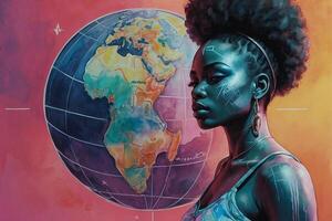 a painting of a woman with an afro and a globe photo