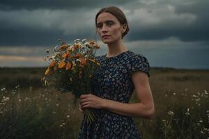a woman in a floral dress holding flowers in a field photo