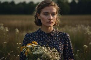 a woman in a floral dress holding flowers in a field photo