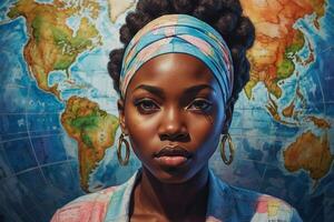 a woman with a head scarf and a world map in the background photo