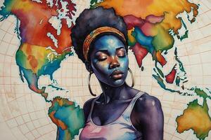 a painting of a woman with a world map in the background photo