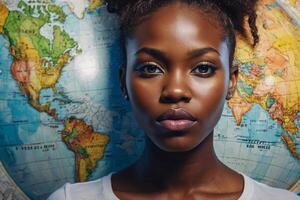 a woman with a head scarf and a world map in the background photo