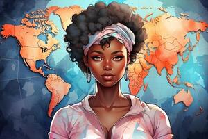 an illustration of a woman with afro hair and a map of the world photo
