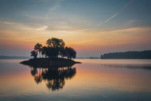 a small island in the middle of a lake at sunset photo