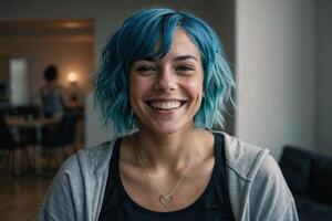 a woman with blue hair smiling at the camera photo