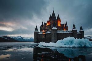 a castle is on fire in the middle of the snow photo