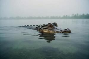 un grande caimán flotante en el agua foto