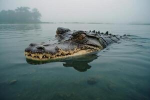 un grande caimán flotante en el agua foto