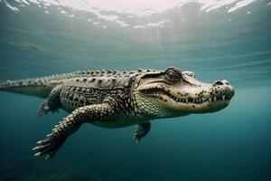 a large alligator floating in the water photo