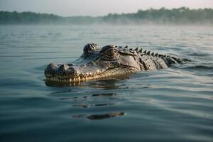 a large alligator floating in the water photo