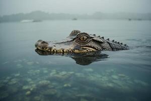 a large alligator floating in the water photo