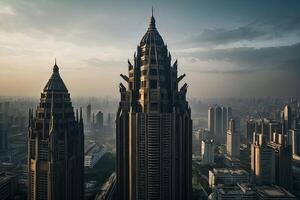 two tall buildings in the city with a view of the sky photo