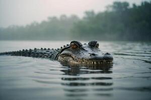 a large alligator swimming in the water photo