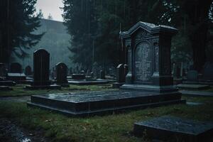 a cemetery with candles lit in the rain photo