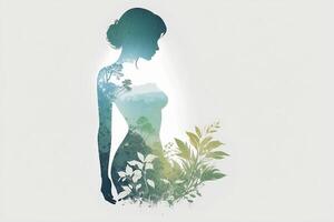 a woman with plants in her hair and a silhouette of a forest photo