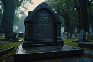 a cemetery with candles lit in the rain photo