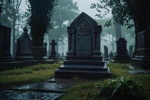 a cemetery with candles lit in the rain photo