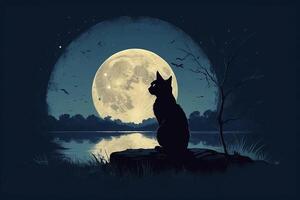 a cat sitting on a hill looking at the moon photo