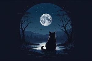 a cat sitting on a hill looking at the moon photo