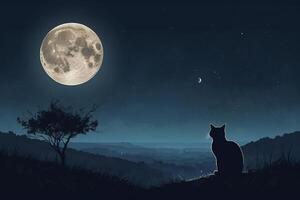 a cat sitting on a hill looking at the moon photo