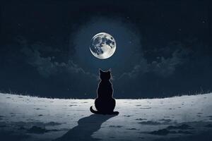 a cat sitting on a hill looking at the moon photo