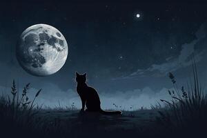 a cat sitting on a hill looking at the moon photo