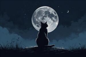 a cat sitting on a hill looking at the moon photo