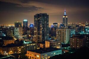 a city skyline at night with lights on photo