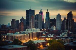 the city skyline at dusk in metropolis photo