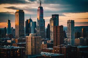 a city skyline at night with lights on photo