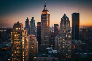 a city skyline at night with lights on photo