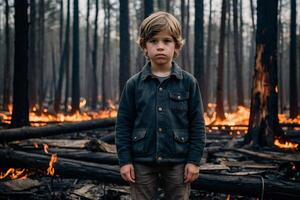 little boy standing in burning forest, natural disaster concept photo