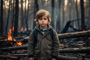 pequeño chico en pie en ardiente bosque, natural desastre concepto foto