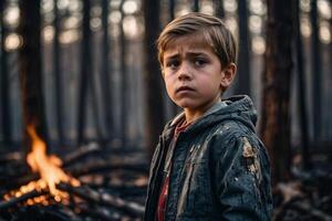 pequeño chico en pie en ardiente bosque, natural desastre concepto foto