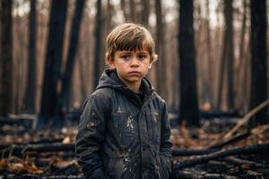 pequeño chico en pie en ardiente bosque, natural desastre concepto foto