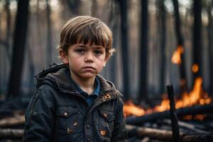 little boy standing in burning forest, natural disaster concept photo