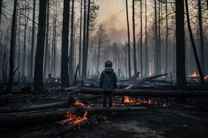 little boy standing in burning forest, natural disaster concept photo