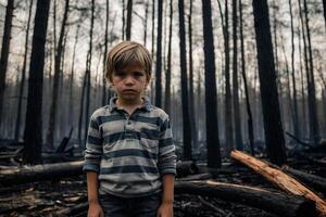 little boy standing in burning forest, natural disaster concept photo